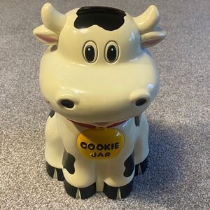 Vintage 1992 Fun-Damental Too Ltd Mooing Cow Cookie Jar Black White Plastic 10"